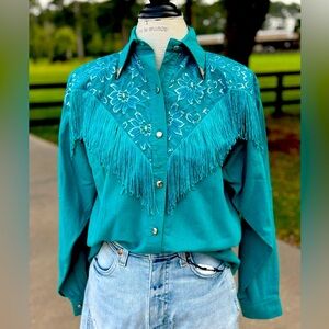 Lilia Smith vintage western fringe teal button down